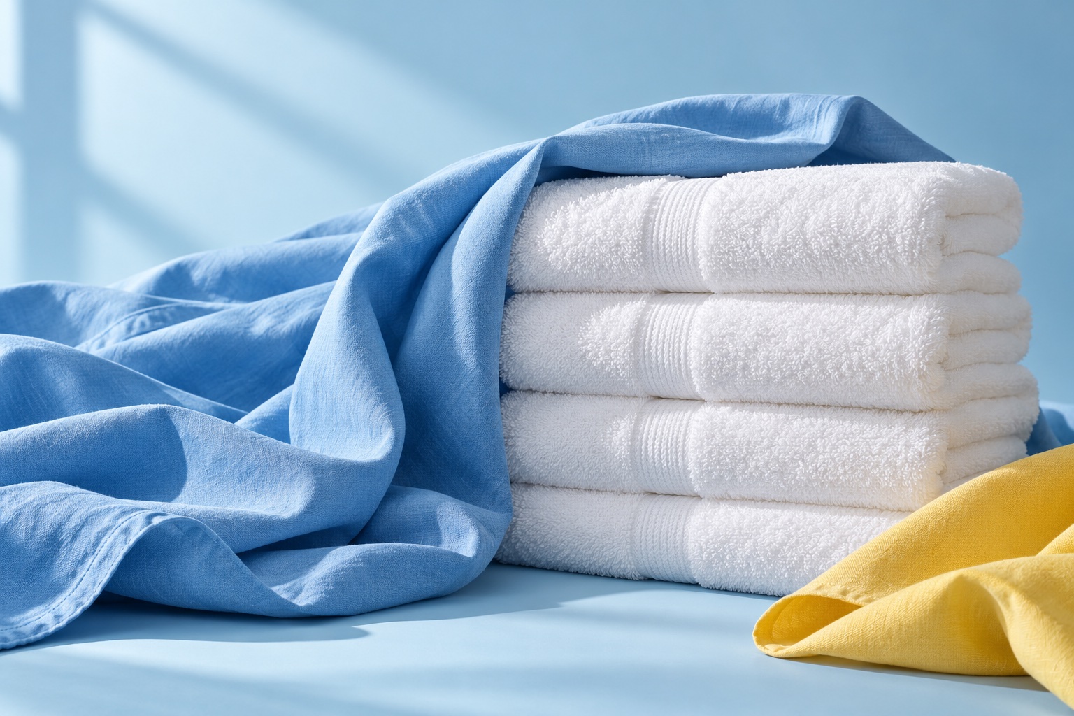 Illustrative still life of folded white towels with soft blue and yellow fabric